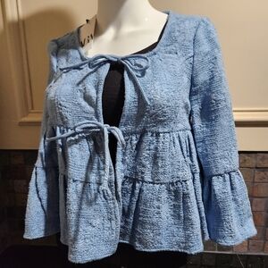 Zara Blue Textured Blouse with Tie Front